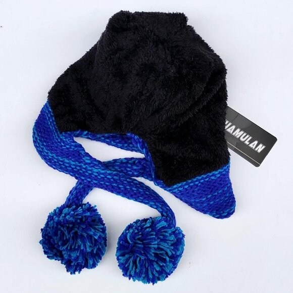 Women Blue Winter Peruvian Cover Ears Beanie Hat Ear Flaps Sherpa Snow